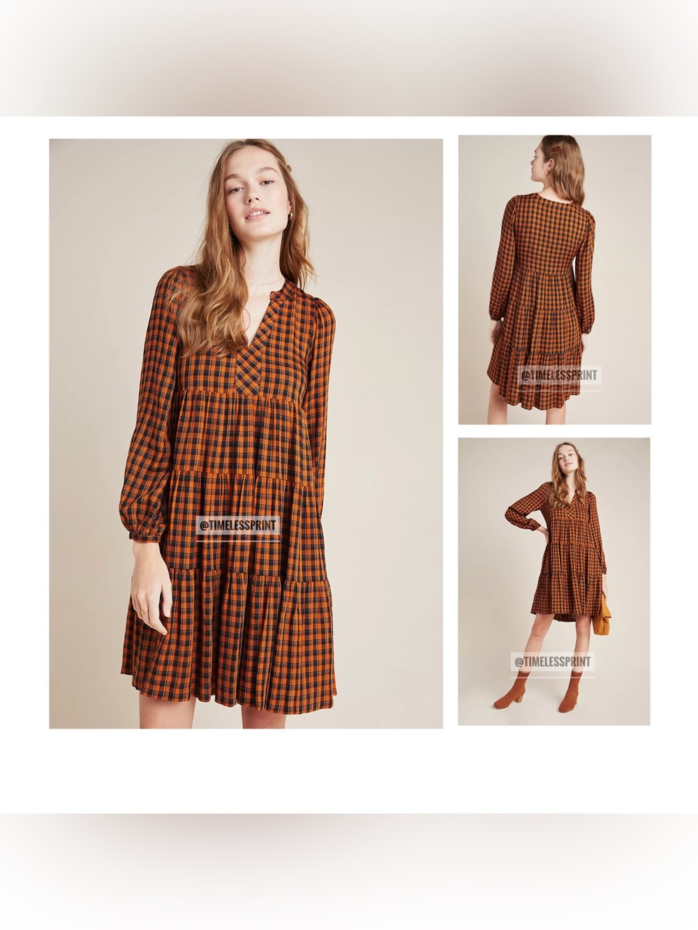 Anthropologie Maeve Amber Rust Plaid Tiered Tunic Dress